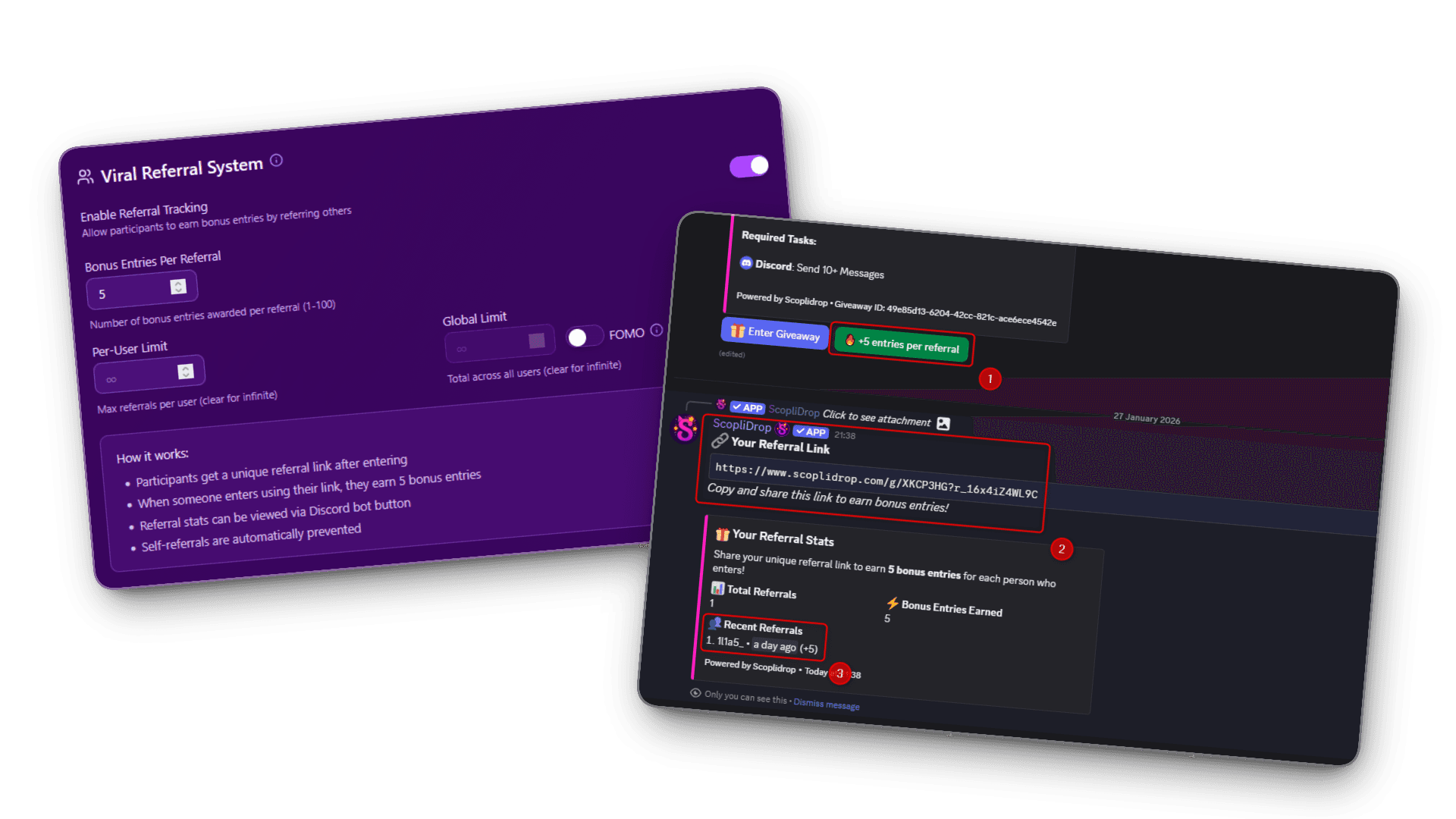 ScopliDrop referral system interface showing viral sharing options