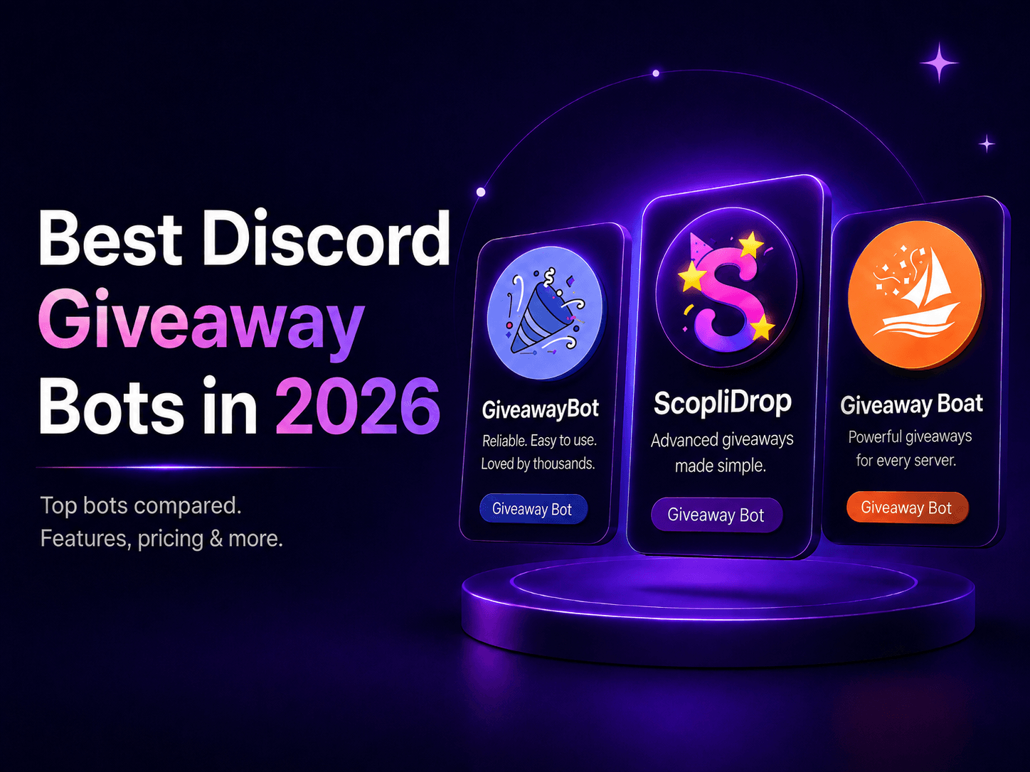 Best Discord giveaway bots in 2026: ScopliDrop, GiveawayBot, and Giveaway Boat cards on a podium, ScopliDrop in front