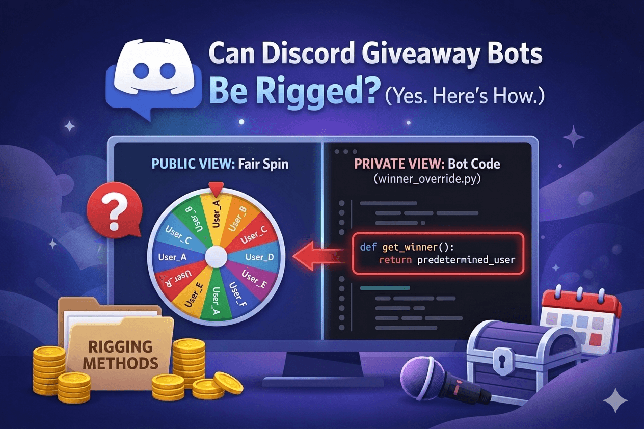 Can Discord giveaway bots be rigged? Visual showing rigged vs fair giveaway winner selection