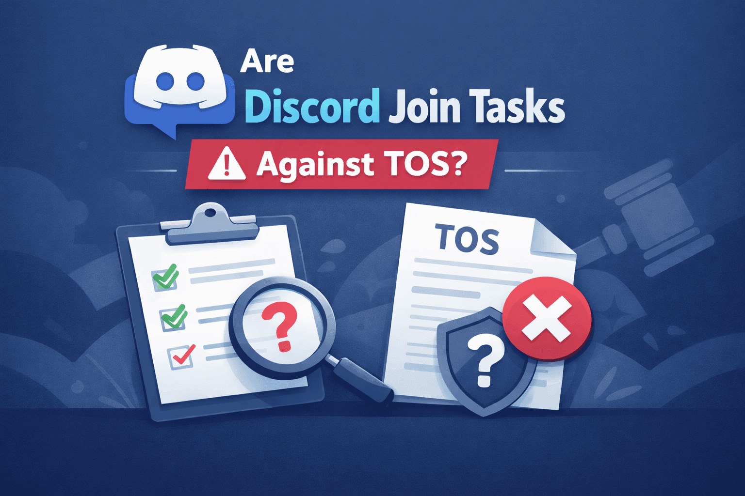 Are Discord Join Tasks Against TOS? Blog post cover with clipboard, TOS document, and compliance icons