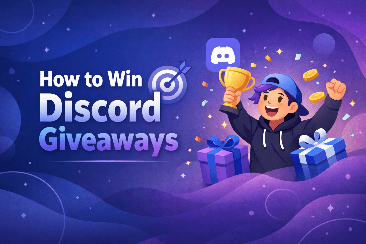 How to Win Discord Giveaways blog post cover with character holding trophy, gift boxes, and confetti