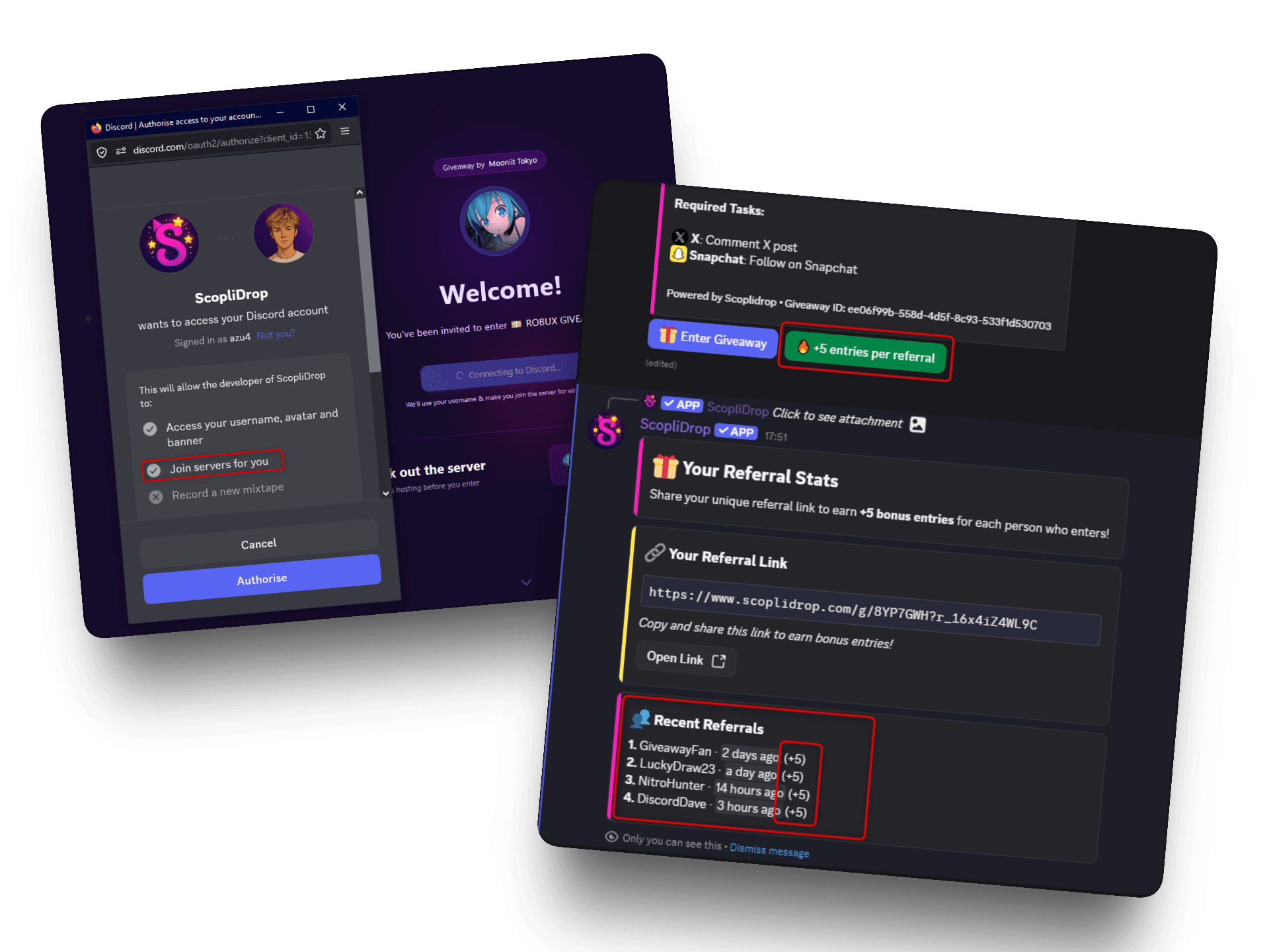 Discord giveaway invite friends feature showing referral bonus entries