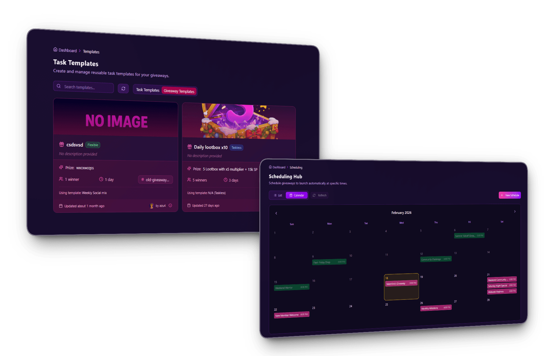 Discord giveaway scheduling dashboard with calendar view and template selection