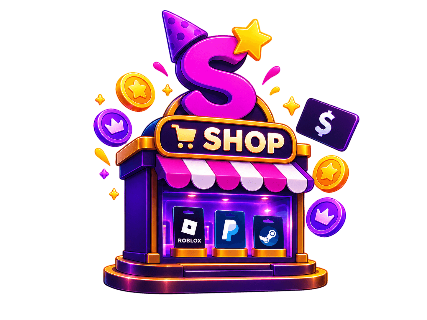 The Crown Shop storefront stocked with Roblox, PayPal and Steam gift cards